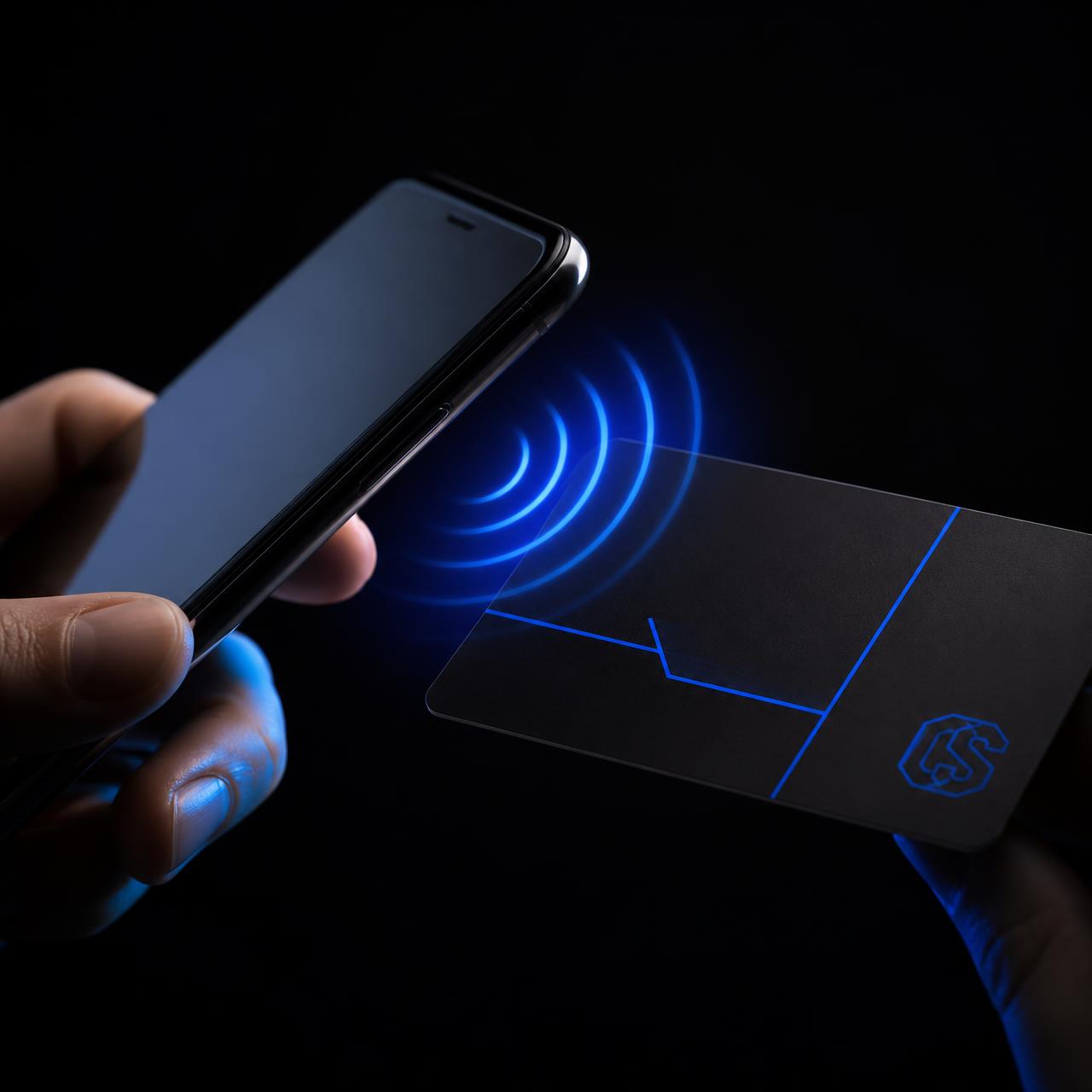 A smartphone tapping a ClickShift NFC review card, with blue NFC waves between them